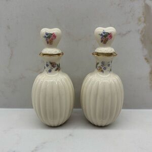 2 Vintage Lennox Ribbed Ceramic Perfume Bottles Floral with Heart Shaped Stopper